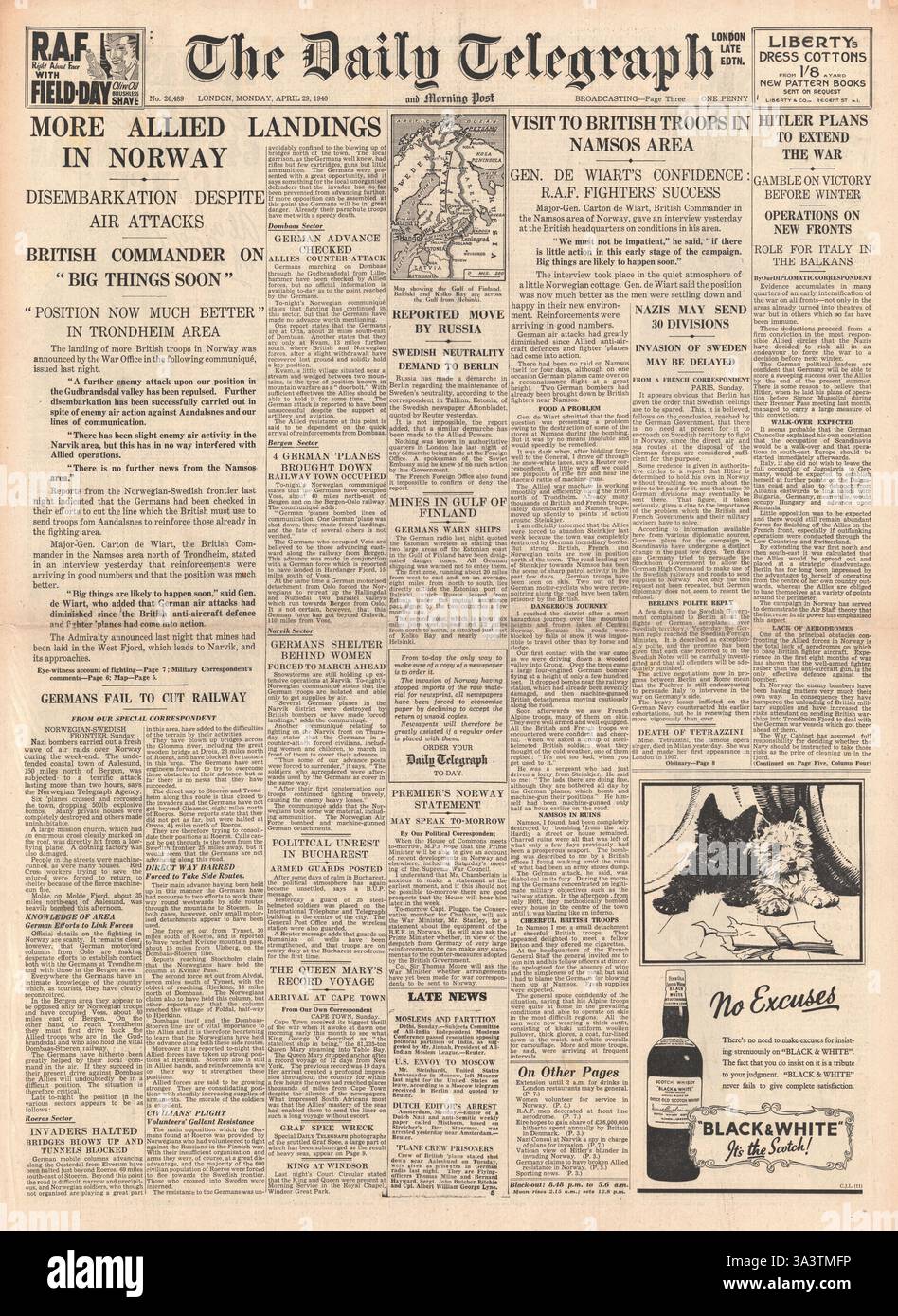1940-Titelseite Daily Telegraph mehr britische Truppen landen in Norwegen Stockfoto