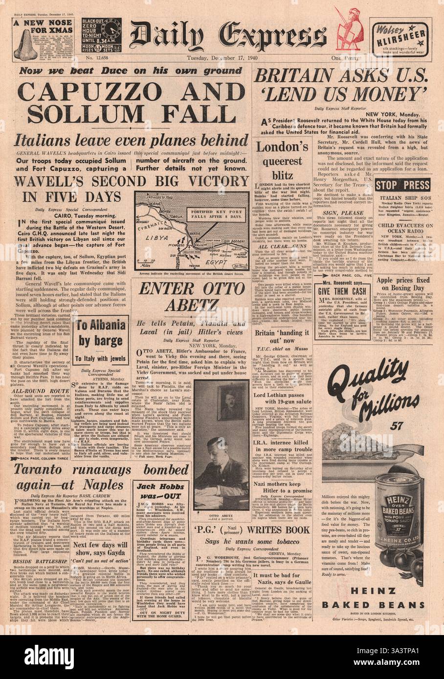 1940 Titelseite Daily Express British Army erobert Sollum und Fort Capuzzo und zieht nach Libyen vor Stockfoto