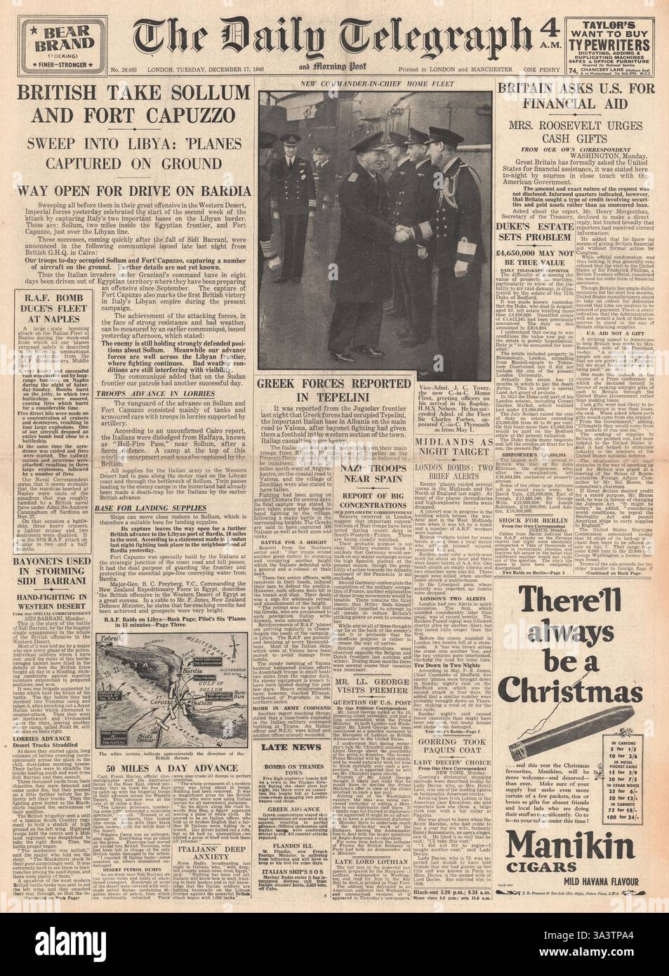 1940 Titelseite des Daily Telegraph British Army erobert Sollum und Fort Capuzzo und zieht nach Libyen vor Stockfoto