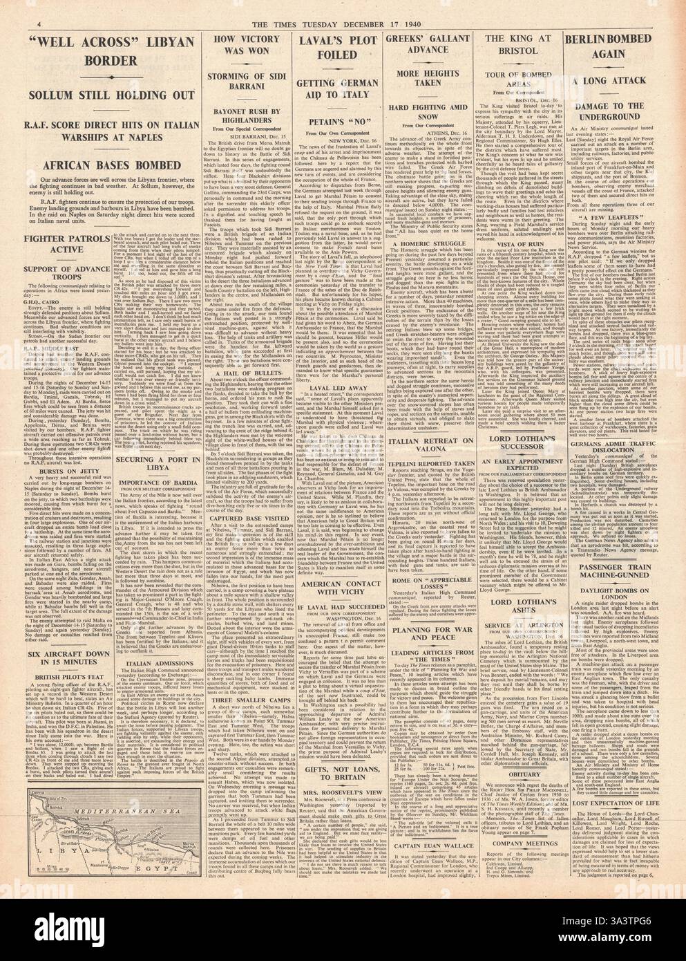 1940-Seite 4 The Times British Army Vorstoß nach Libyen Stockfoto