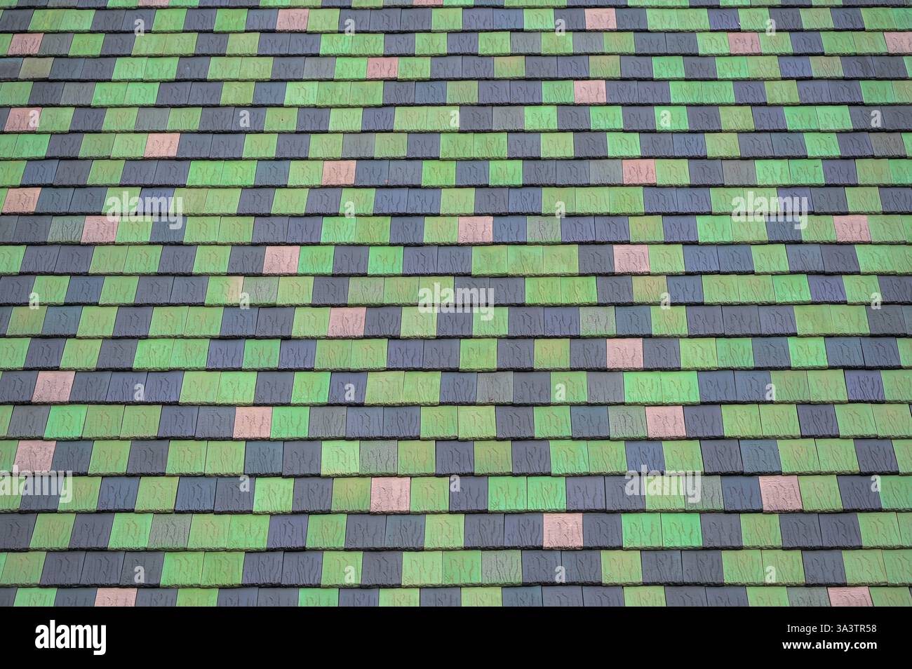 Grüne und schwarze Dachziegel im Tudor-Revival-Stil Stockfoto