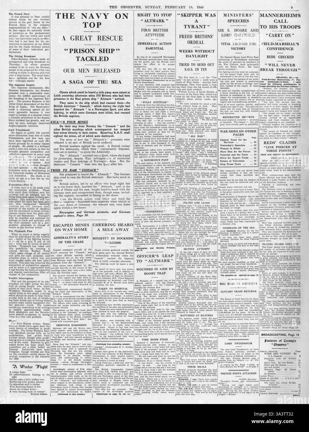 1940, Seite 9 die Beobachter HMS Kosaken rettet Häftlinge aus deutschen Versorgungsschiff Altmark Stockfoto