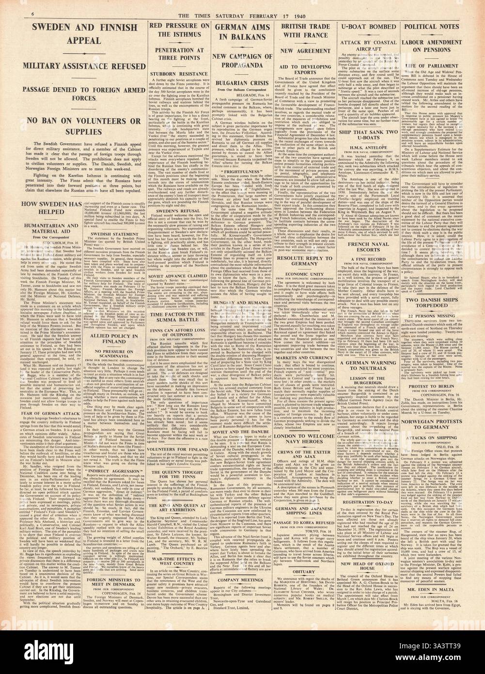 1940 die Times Seite 6 Schweden lehnt militärischen Hilfe zu Finnland geben Stockfoto