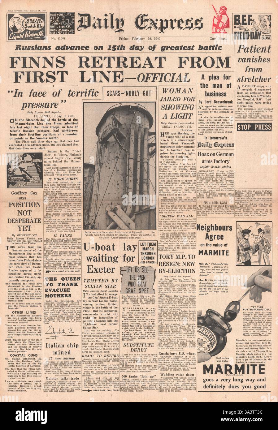 1940 Titelseite Daily Express Finnisch zieht sich von der Front zurück und die HMS Exeter kommt in Plymouth an Stockfoto