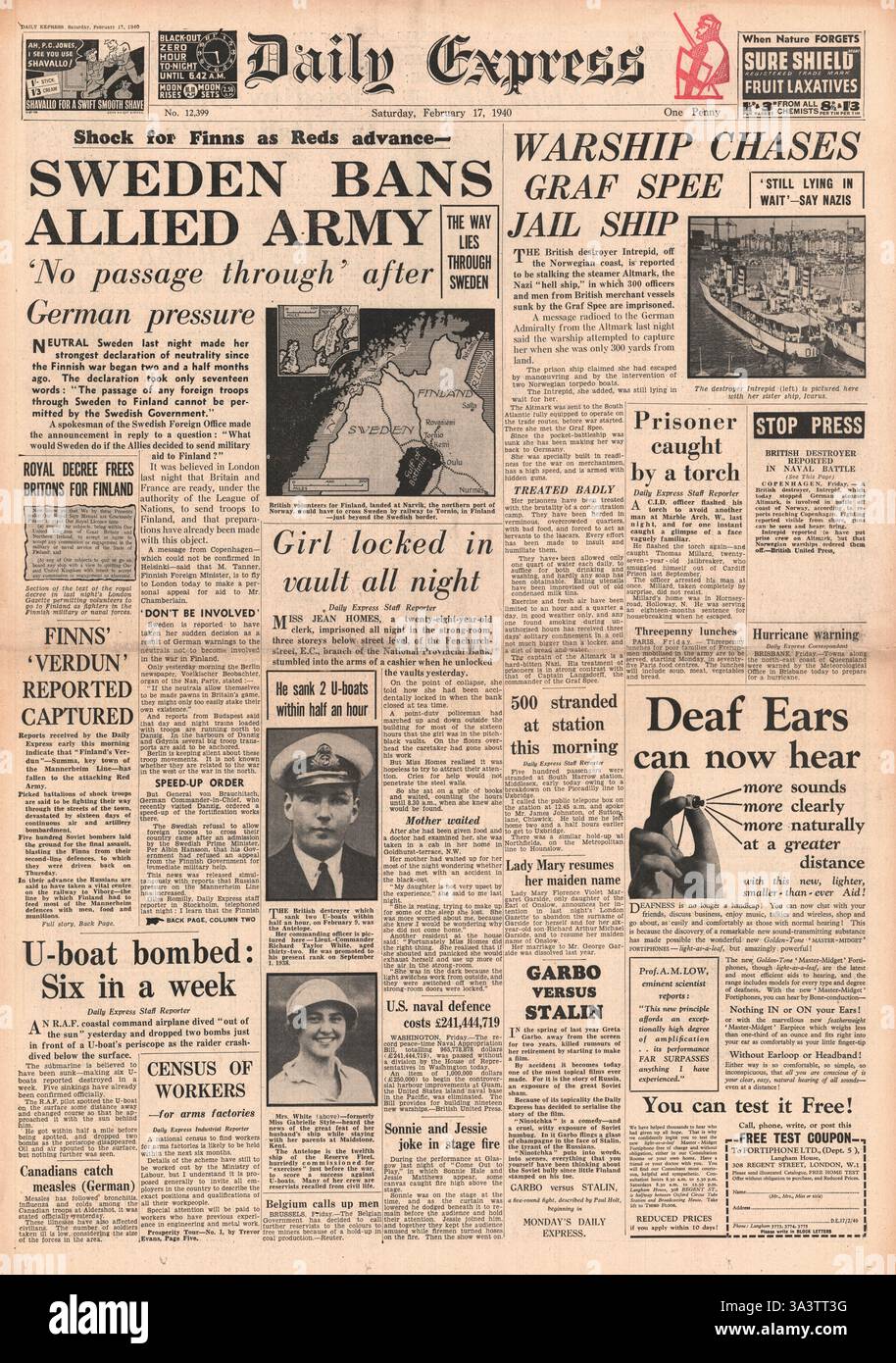 1940-Titelseite Daily Express Schweden weigert sich, militärischen Hilfe nach Finnland Stockfoto