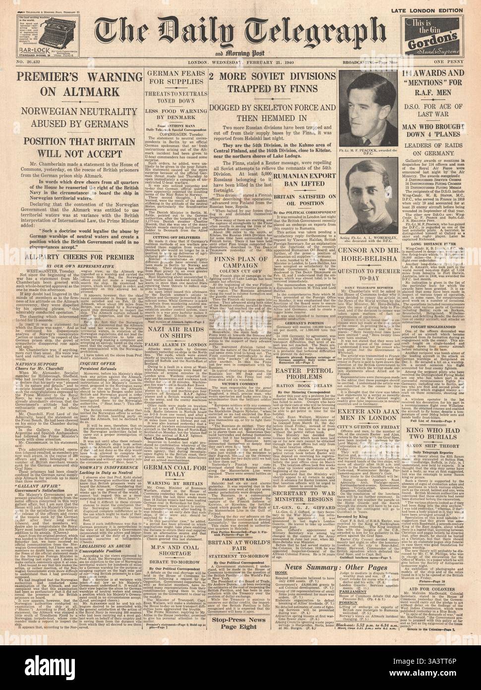 1940 Titelseite Daily Telegraph der britische Premierminister Neville Chamberlain kritisiert Norwegen wegen des Altmark-Vorfalls und der Schlacht um Finnland Stockfoto