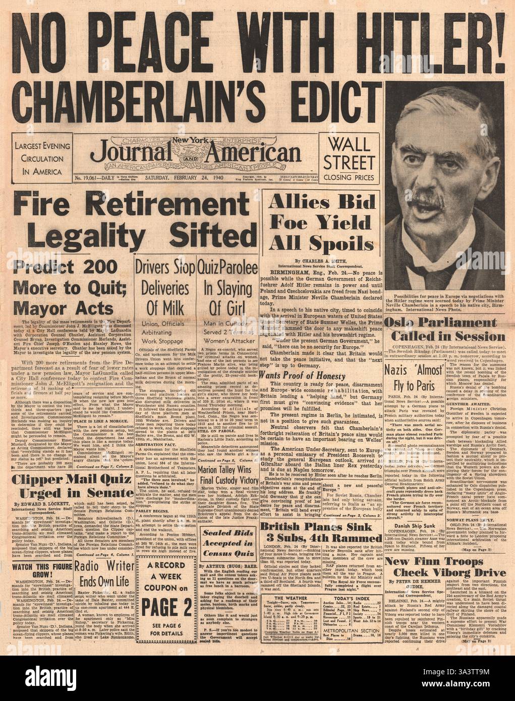 1940-Titelseite New York Journal amerikanischen Berichterstattung Chamberlains "Kein Friede mit Hitler" Rede Stockfoto