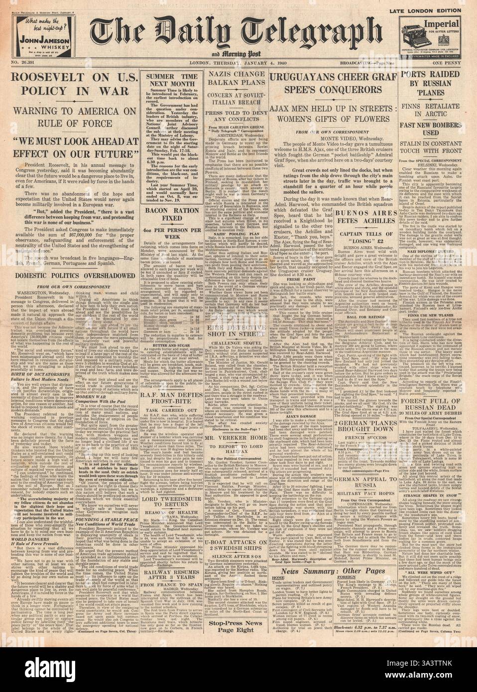 1940 vordere Seite Daily Telegraph Präsident Roosevelt Krieg Politik Speeach an den Kongress. HMS Ajax kommt im Hafen von Montevideo Stockfoto
