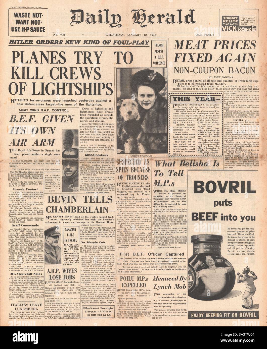 1940 Titelseite Daily Herald Deutsche Luftwaffe Angriff leichte Schiffe und Leuchttürme, Rationierung Stockfoto