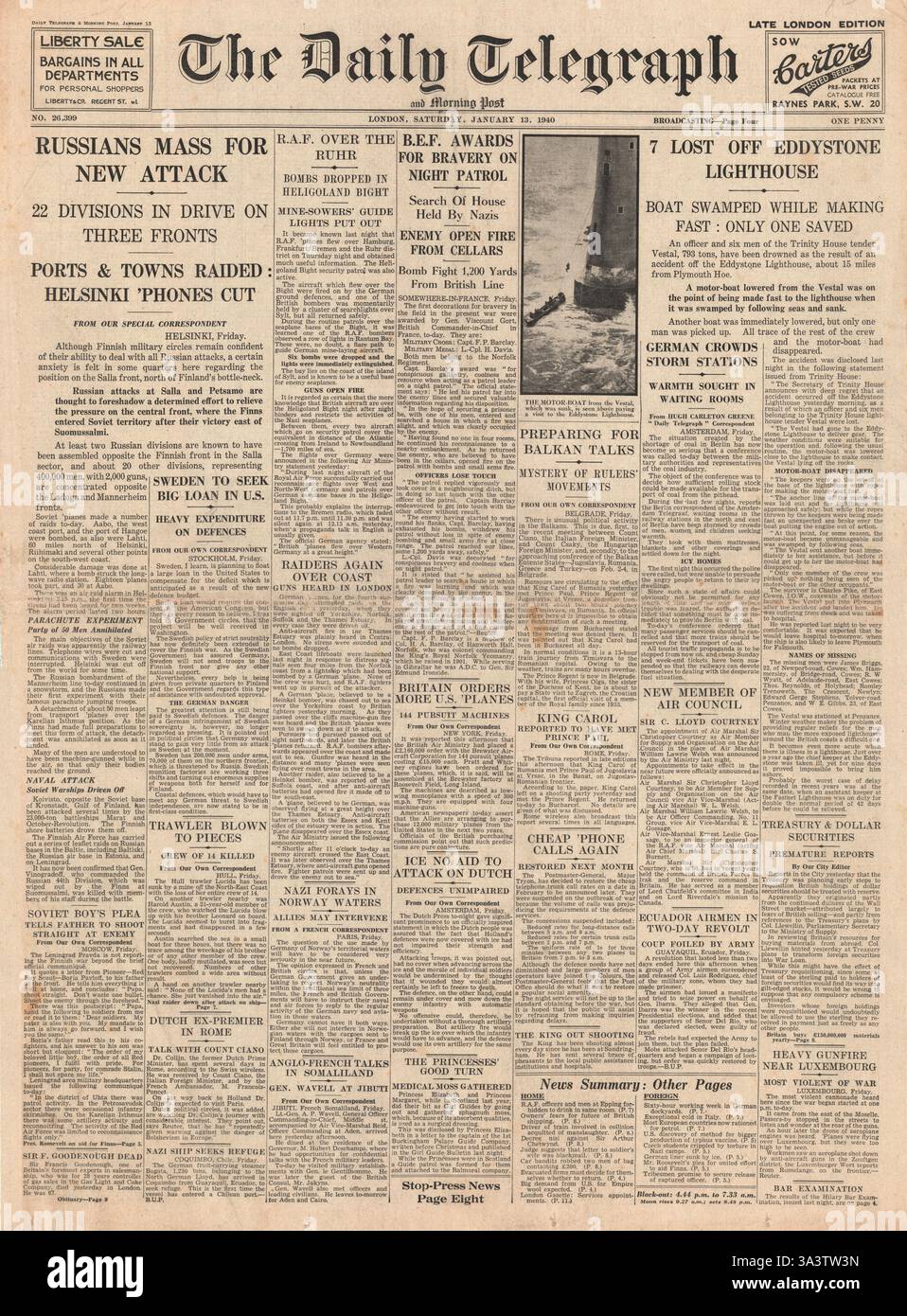 1940 Titelseite die Tragödie der Daily Telegraph Shipping vor dem Eddystone Lighthouse mit dem Untergang des Trinity House Tender Vestal Stockfoto