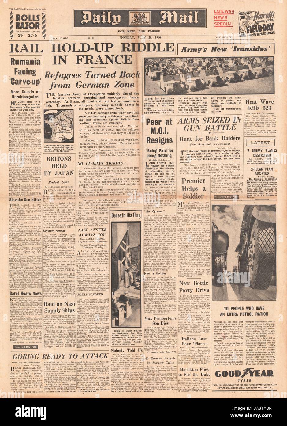 1940 Titelseite Daily Mail France aufgeteilt in besetzte und unbesetzte sowie neue gepanzerte Fahrzeuge von Ironside Stockfoto