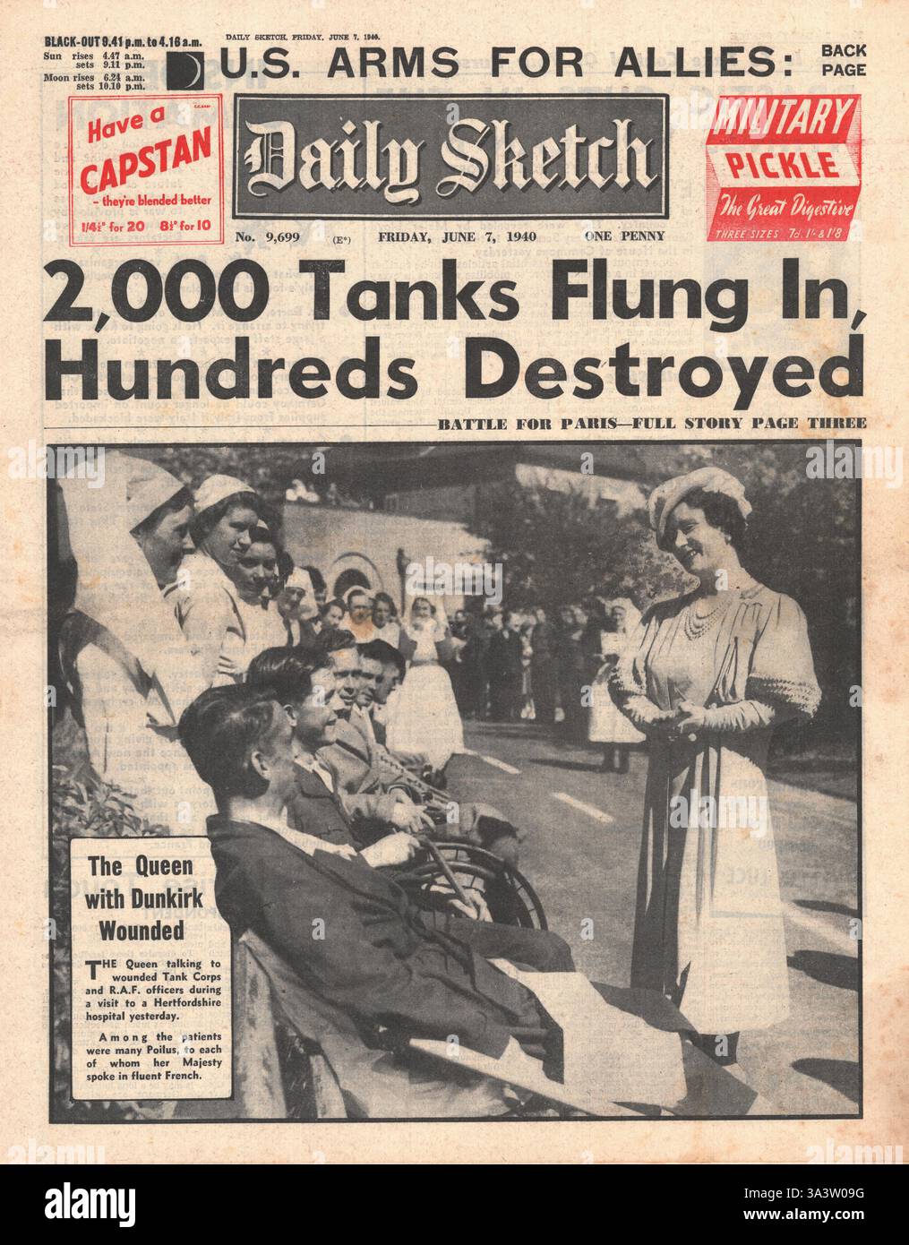 1940 Tageszeitung Sketch Deutsche Truppen fahren nach Süden nach Paris, die französische Armee stoppt den Vormarsch deutscher Panzer und Königin Elisabeth spricht mit verwundeten Soldaten in Hertfordshire Stockfoto