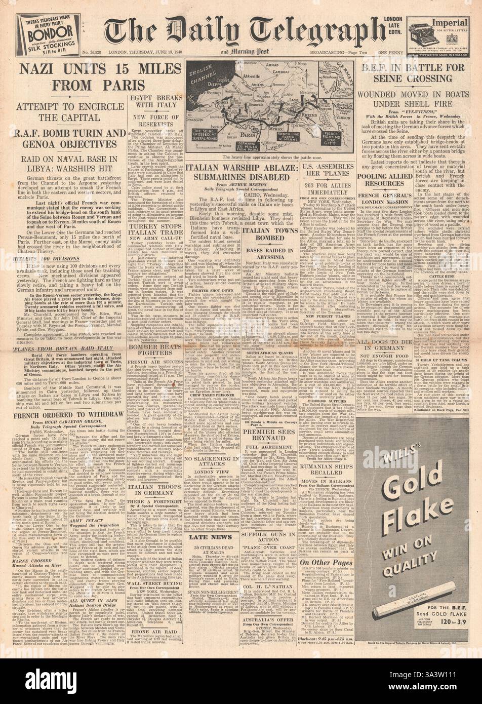 1940 Titelseite Daily Telegraph Deutsche Truppen hielten 24 Meilen von Paris und RAF-Razzien auf Libyen und das italienische Ostafrika ab Stockfoto