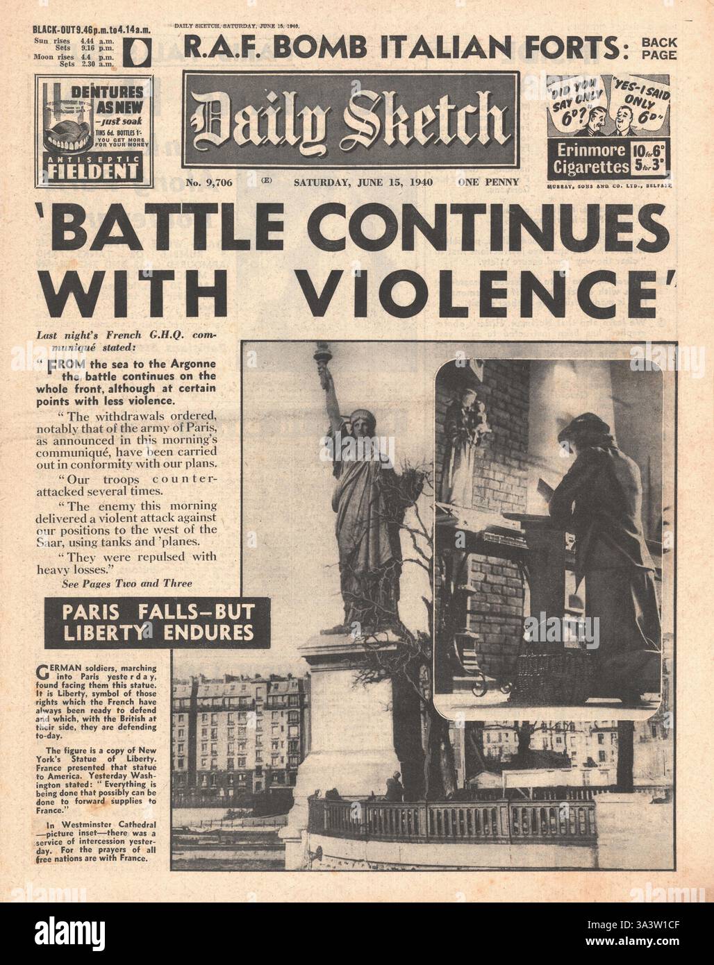 1940 Titelseite Daily Sketch erbitterte Schlachten um Paris Stockfoto