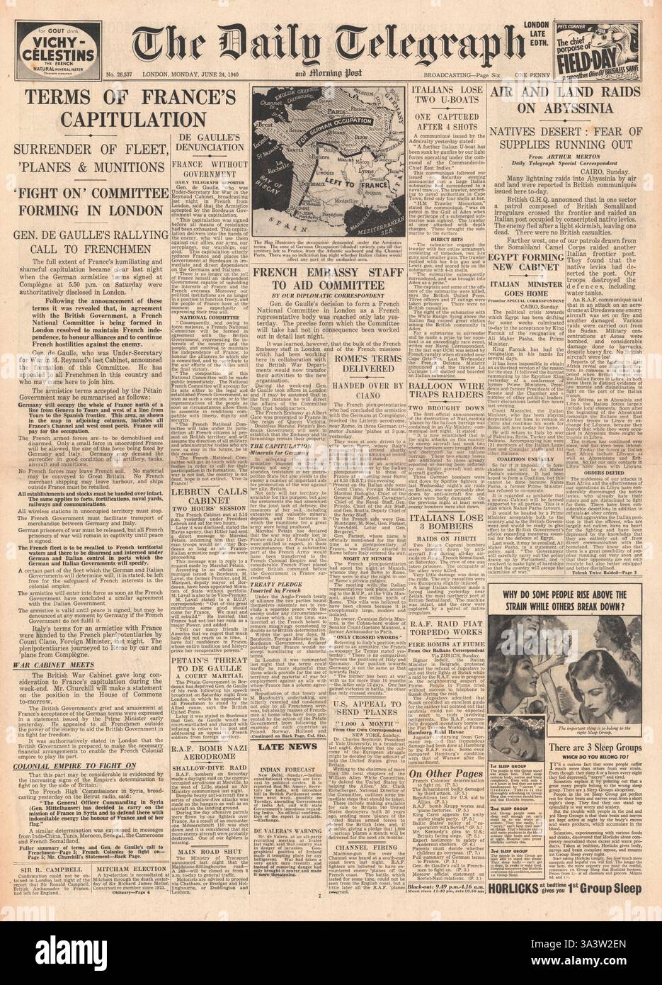 1940-Titelseite Daily Telegraph Französisch unterzeichnen Waffenstillstand Stockfoto