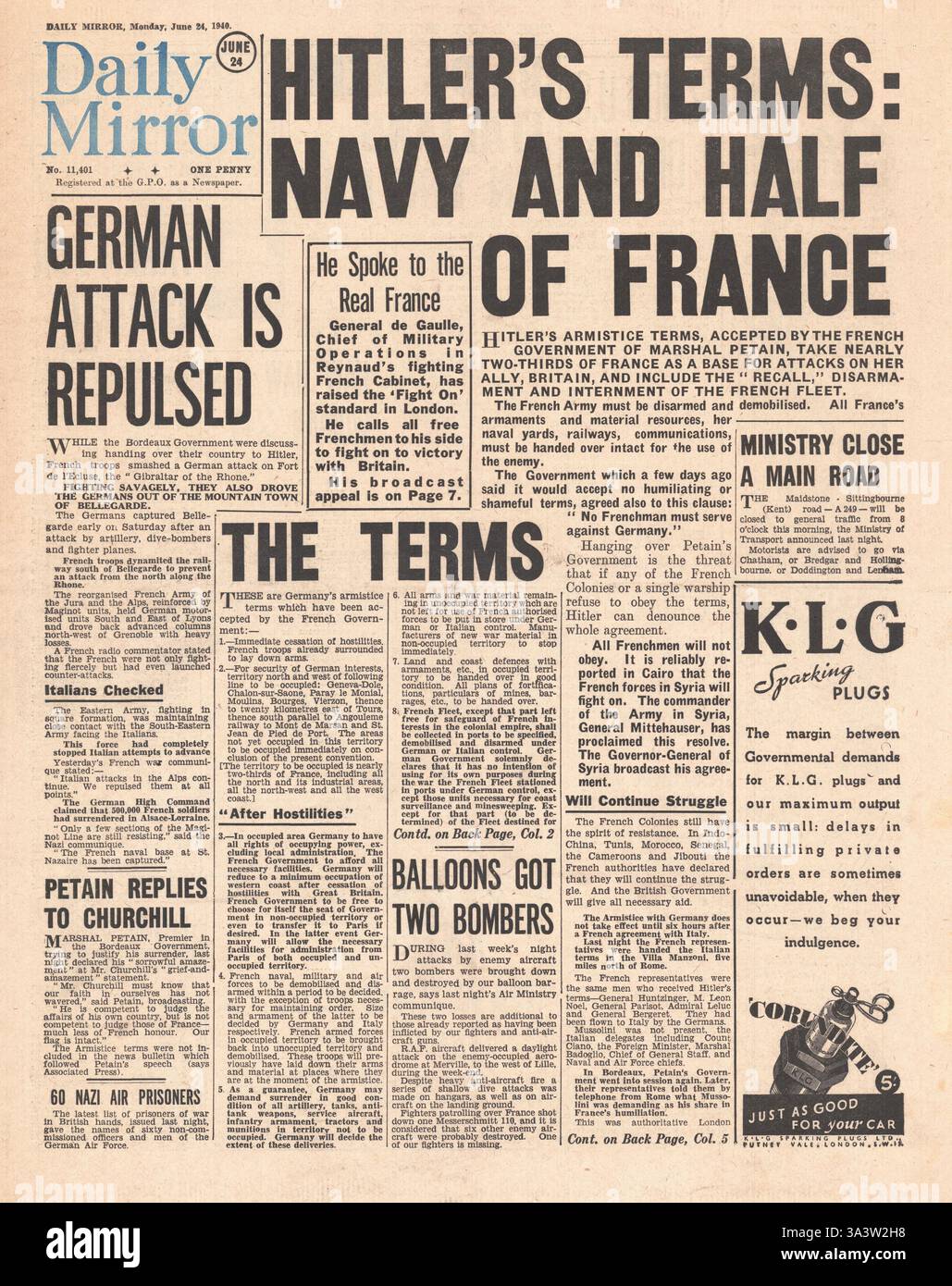 1940-Titelseite Daily Mirror Französisch unterzeichnen Waffenstillstand Stockfoto