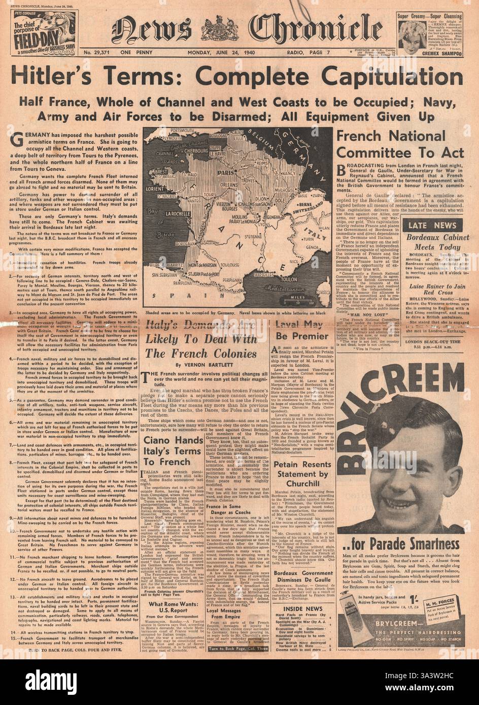 1940-Titelseite News Choricle Französisch unterzeichnen Waffenstillstand Stockfoto