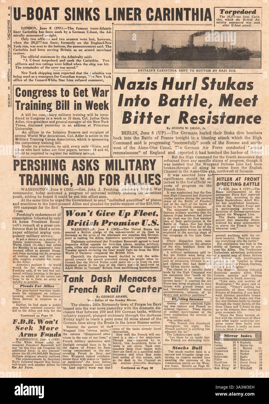 1940-Seite 2 cross-Fluss Aisne zwingt New York Sonntag Spiegel sinken des Handelsschiff RMS Kärnten von deutschen u-Boot Stockfoto