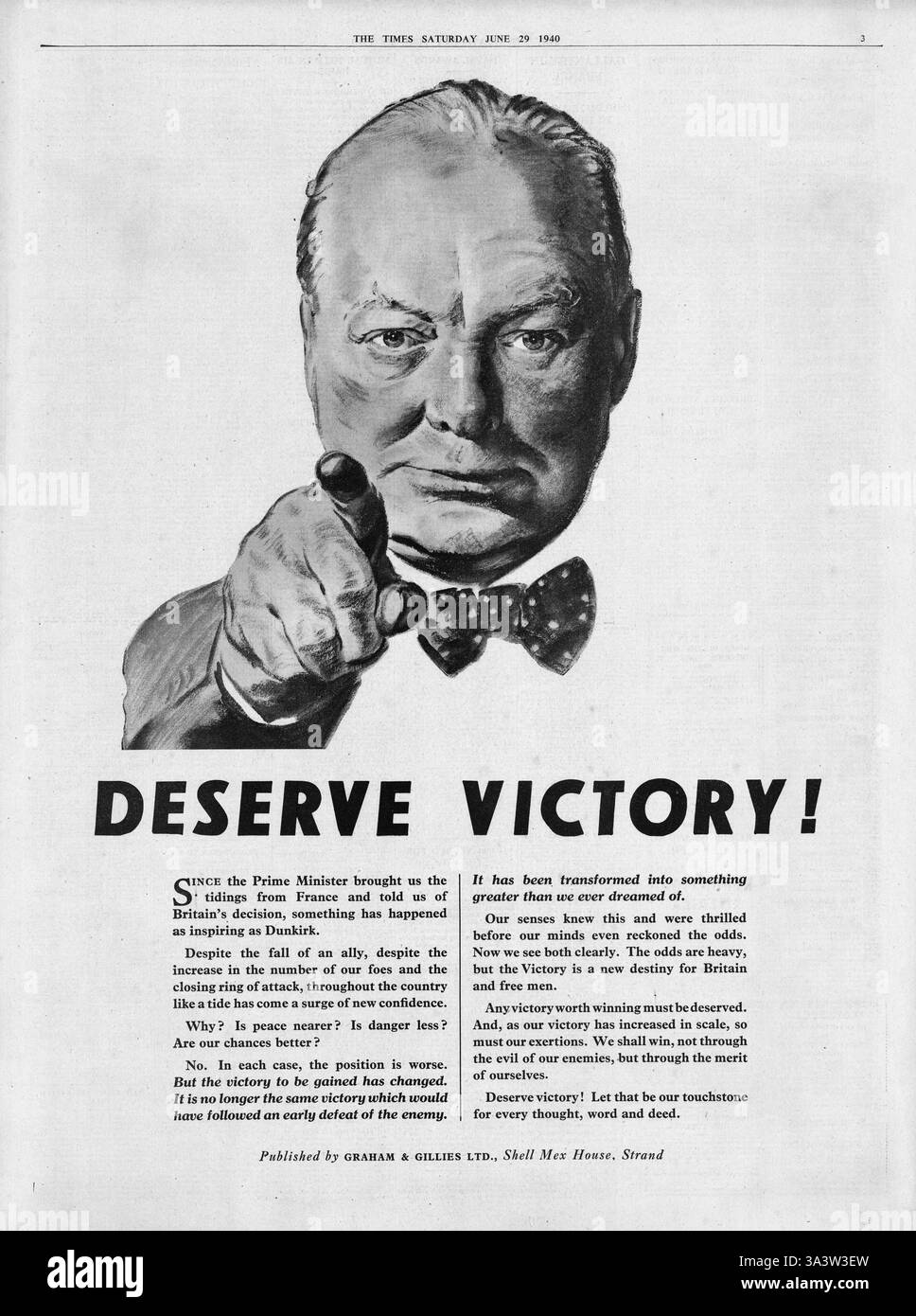 1940, Seite 3 The Times "Verdienen Sieg!"-Plakat Stockfoto