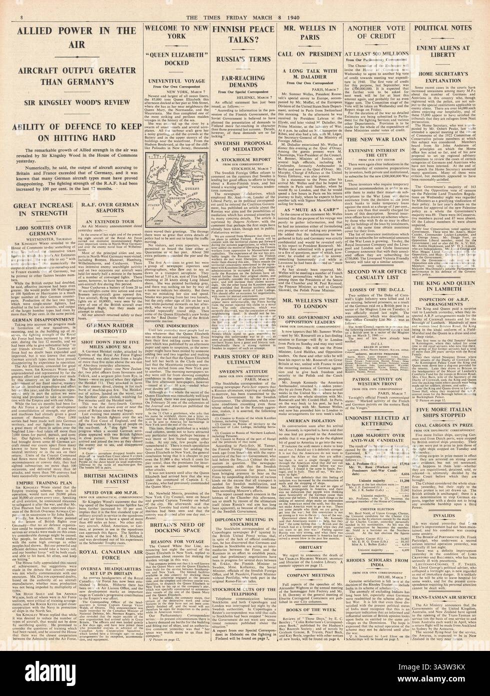 1940 s. 8 The Times Sir Kingsley Holz Rede auf alliierte Luftstreitkräfte Stockfoto