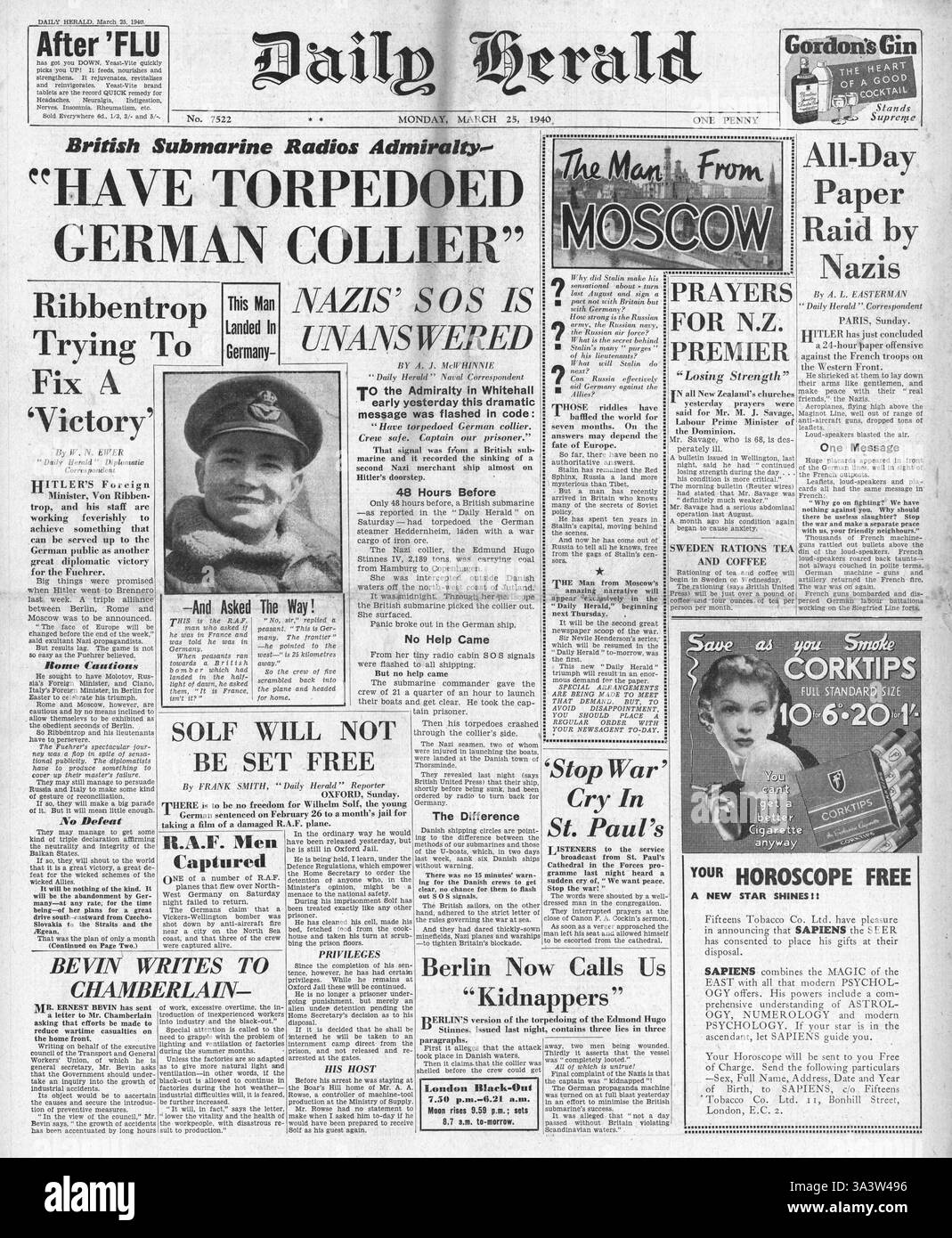 1940-Titelseite Daily Herald britische u-Boot HMS Truant sinkt German Cargo Schiff Edmund Hugo Stinnes aus Jylland, Dänemark Stockfoto