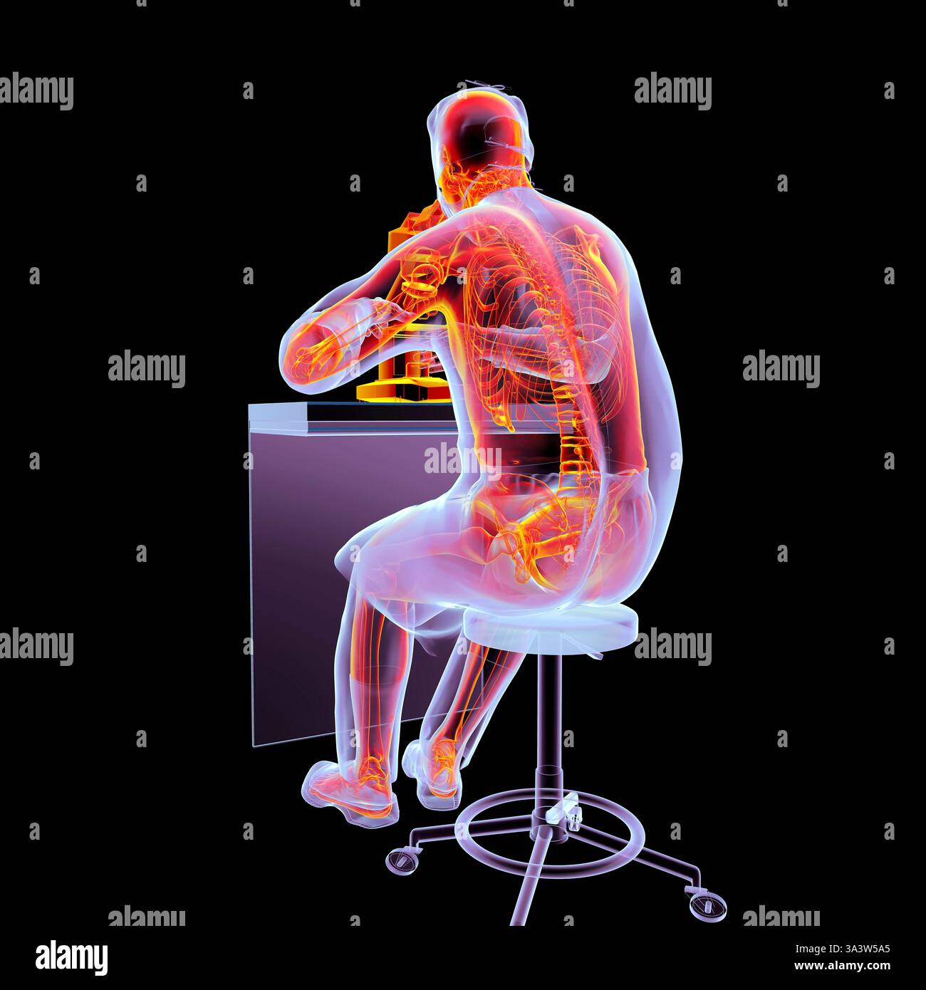 Illustration eines Wissenschaftlers, der durch ein Mikroskop schaut und die Skelettanatomie zeigt, um das Risiko von Rückenschmerzen hervorzuheben. Stockfoto