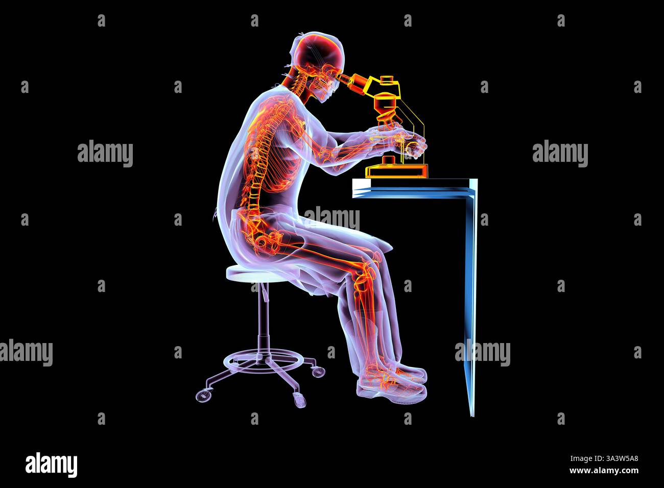 Illustration eines Wissenschaftlers, der durch ein Mikroskop schaut und die Skelettanatomie zeigt, um das Risiko von Rückenschmerzen hervorzuheben. Stockfoto