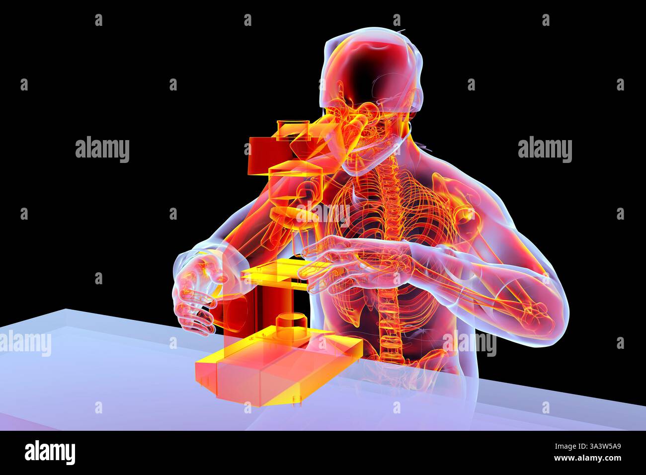 Illustration eines Wissenschaftlers, der durch ein Mikroskop schaut und die Skelettanatomie zeigt, um das Risiko von Rückenschmerzen hervorzuheben. Stockfoto