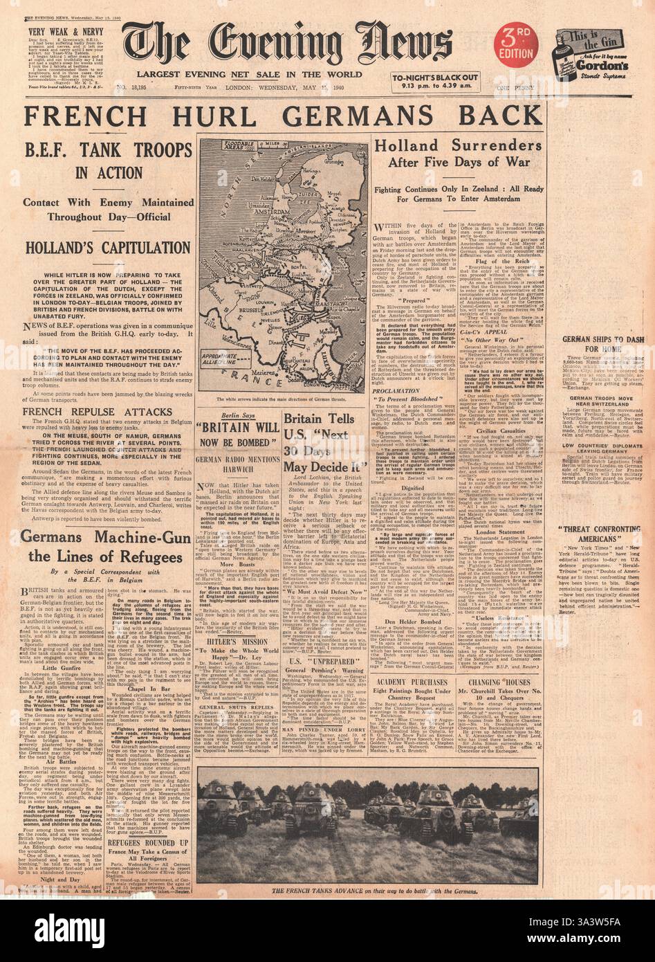 1940-Titelseite Abend News deutsche Invasion von Frankreich Stockfoto