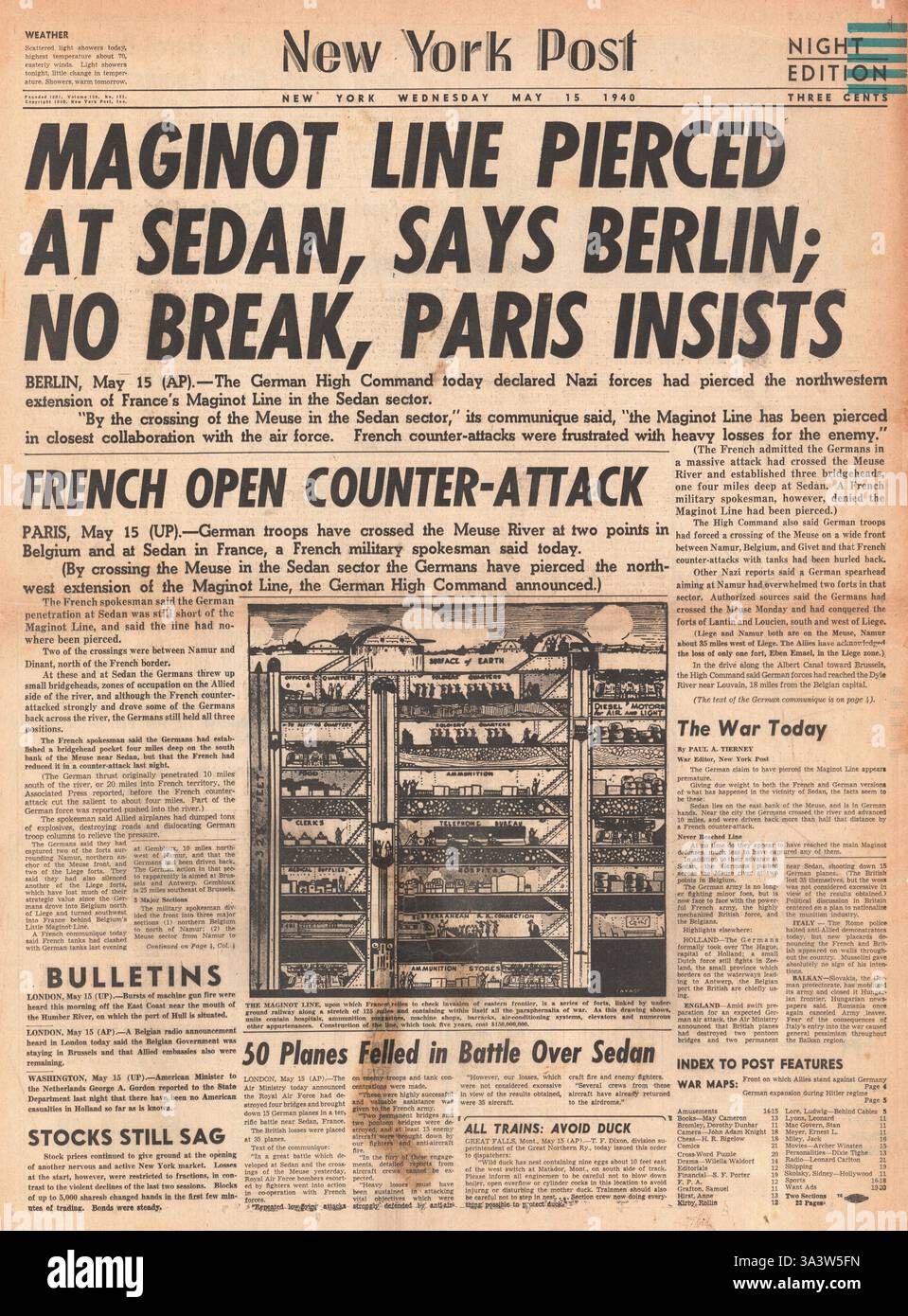 1940-Titelseite durchbohrt New York Post Maginot-Linie bei Sedan Stockfoto