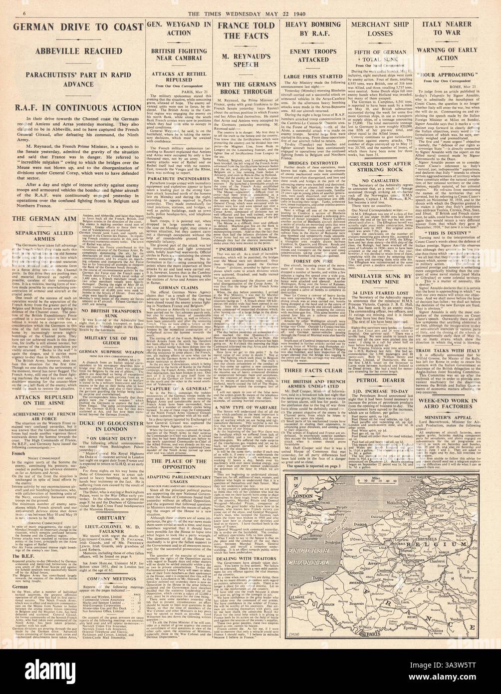 1940 The Times Seite 6 die deutsche Armee rückt in den Ärmelkanal vor und zerschneidet die alliierten Armeen in zwei Teile Stockfoto
