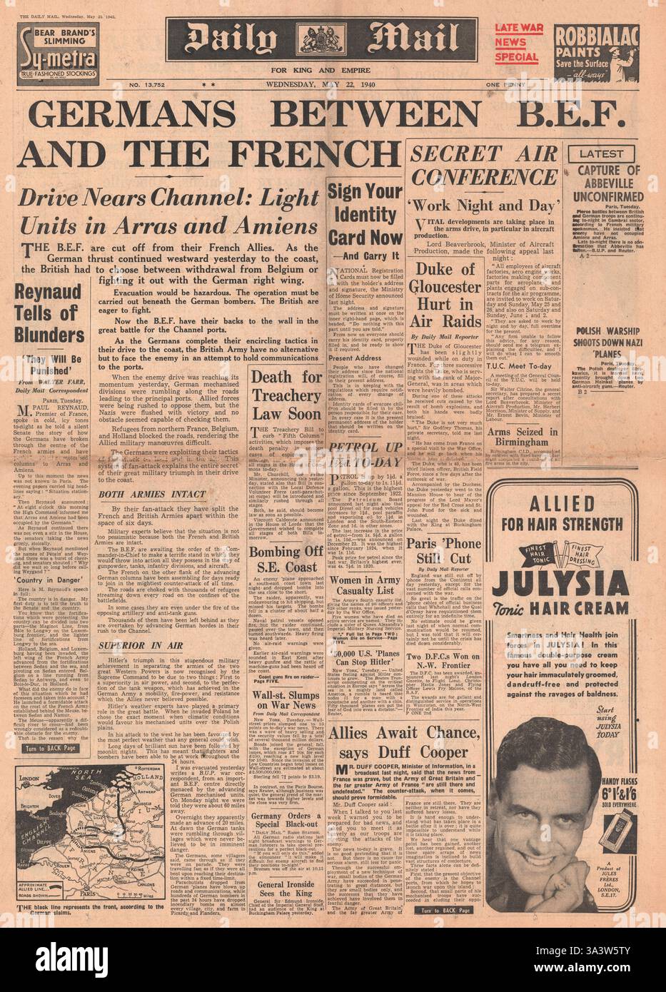 1940 Titelseite Daily Mail die deutsche Armee rückt in den Ärmelkanal vor und zerschneidet die alliierten Armeen in zwei Teile Stockfoto