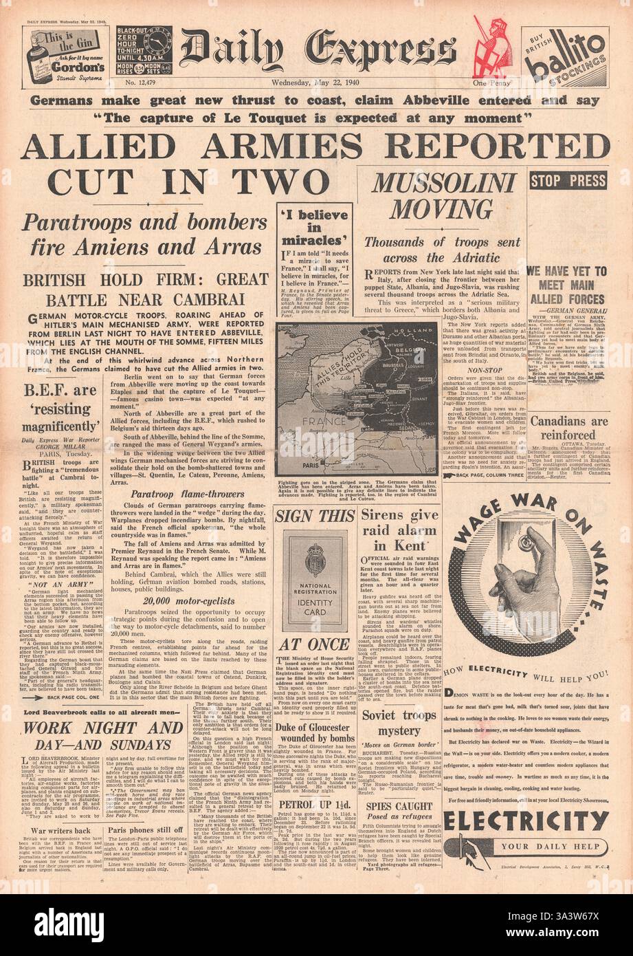 1940 Titelseite Daily Express die deutsche Armee rückt in den Ärmelkanal vor und zerschneidet die alliierten Armeen in zwei Teile Stockfoto