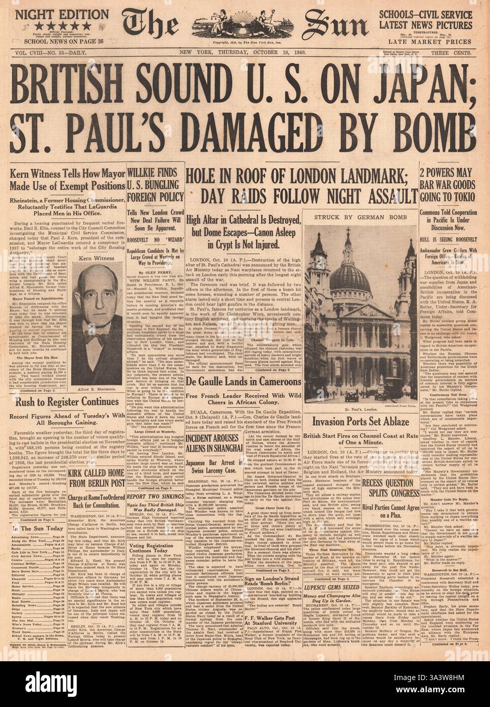 1940-Titelseite der Sonne (New York) St.Pauls Kathedrale in Luftangriff beschädigt Stockfoto