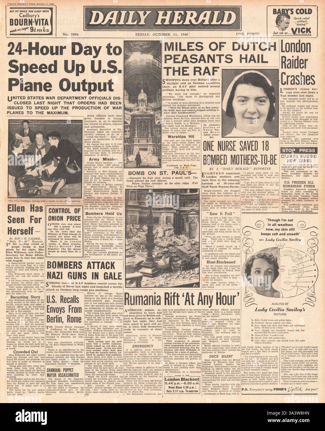 1940 Titelseite Daily Herald USA Geschwindigkeiten oben Kampfflugzeug Produktion Stockfoto