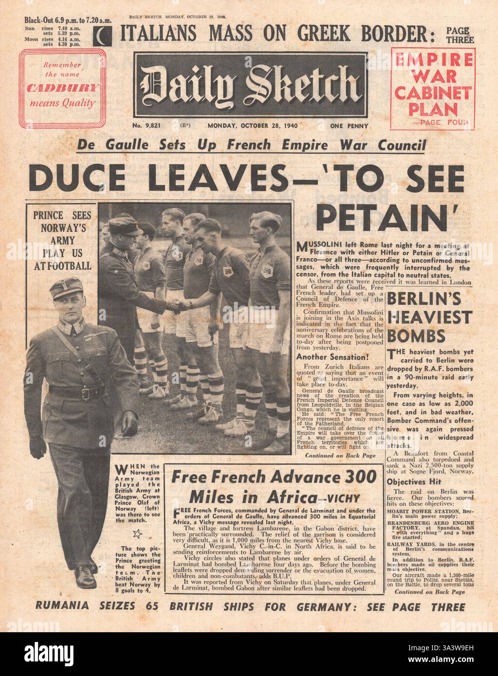 1940 Titelseite Daily Sketch Mussolini trifft Marschall Petain und RAF RAID Berlin Stockfoto