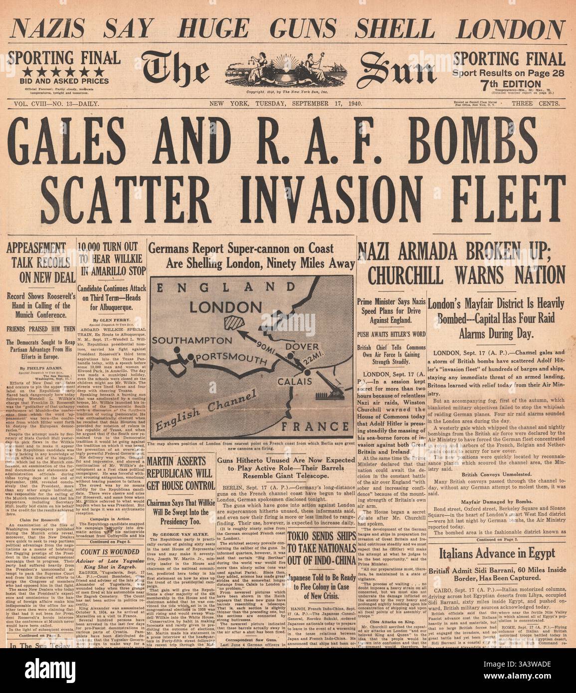 1940 Titelseite die Sun (New York) Gales und RAF Bombs Scatter Invasion Fleet Stockfoto