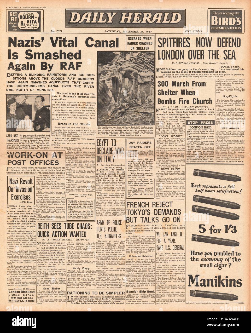 1940-Titelseite Daily Herald RAF Bombe der Dortmund - Ems-Kanal Stockfoto