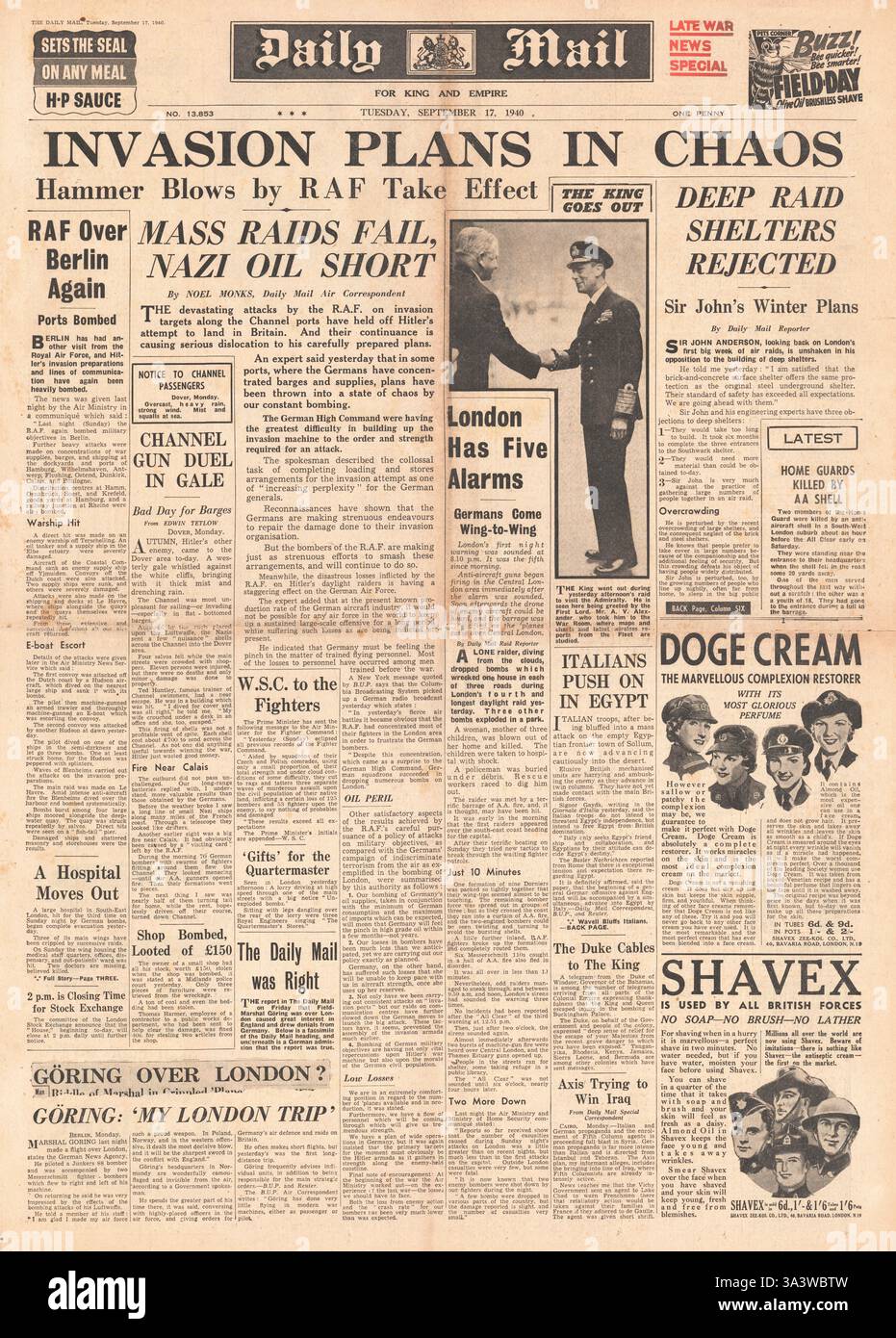 1940 Daily Mail German plant eine Invasion Großbritanniens und Bombenangriffe der RAF auf Berlin und Kanalhäfen Stockfoto