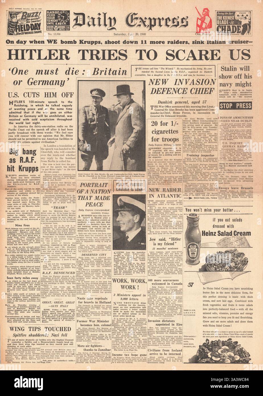 1940 Titelseite Daily Mail Hitler fordert Großbritannien auf, den Krieg in der Reichstagsrede und dem italienischen Kreuzer Bartolomeo Colleoni zu stoppen, der von der HMAS Sydney, der HMS Hyperion, der HMS Ilex versenkt wurde Stockfoto