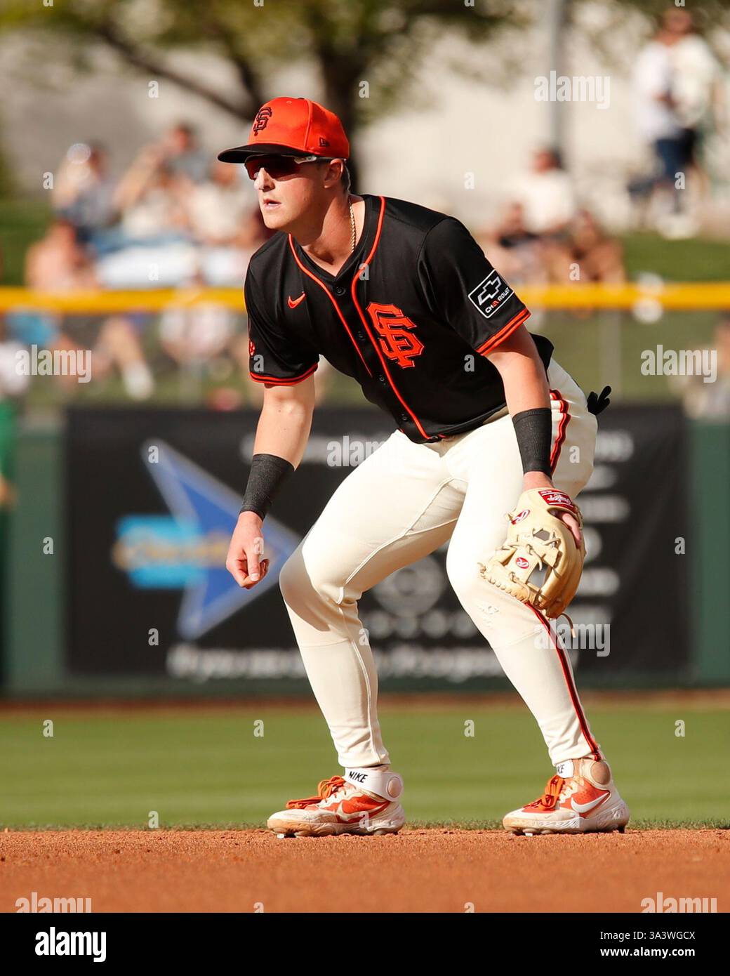 Scottsdale, Arizona, USA. März 2025. San Francisco Giants zweiter Baseman Tyler Fitzgerald (49) im Cactus League Spring Training Spiel zwischen den Athletic's und den San Francisco Giants im Scottsdale Stadium in Scottsdale, Arizona. Michael Cazares/CSM/Alamy Live News Stockfoto