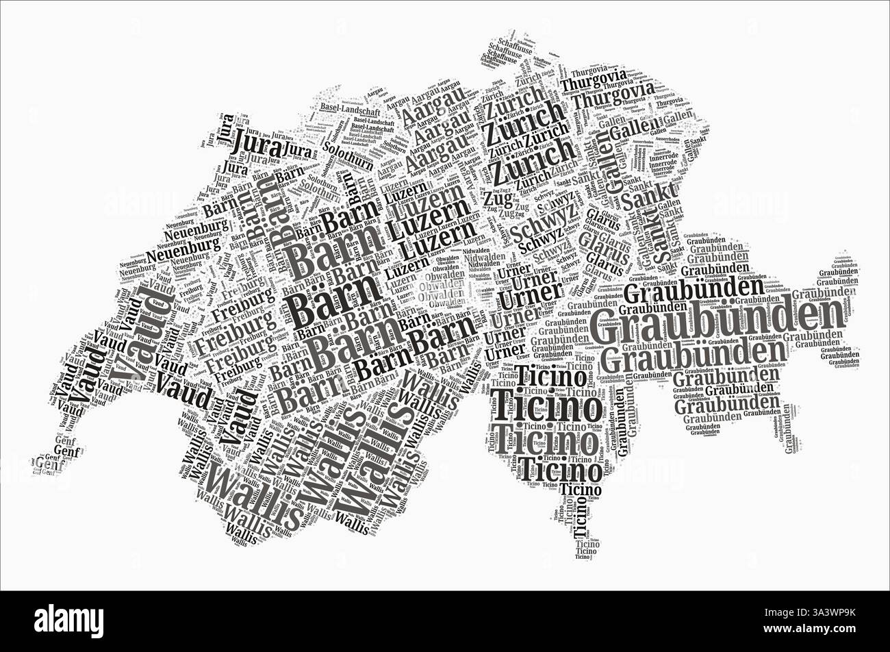 Regionen Für Textstil Schweiz. Land Region nennt Wortwolken in deutscher Sprache. Moderne Vektorillustration. Stock Vektor