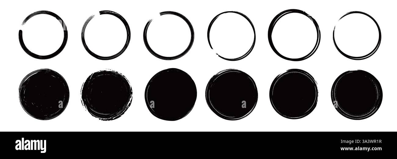 Pinselstrich Textur Kreis handgezeichnetes Elementset. Handgezeichneter Pinselstrich Kalligraphie-Rohlinienrahmen. Textur Kontur Kreis Hintergrund. Abstrakter Grunge-Stil mit Flecken. Vektorabbildung Stock Vektor