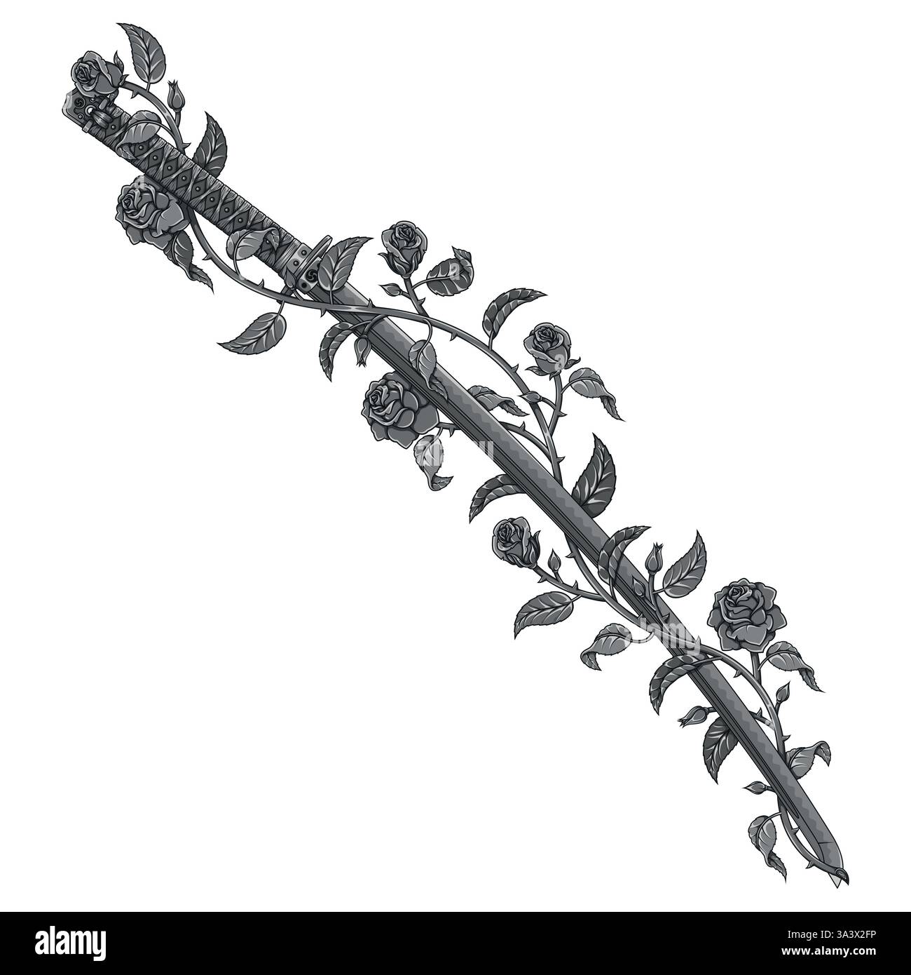 Samurai-Schwert umgeben von einer Pflanze, feudales altes japanisches Katana mit Rosen, Waffe, die von Samurai-Kriegern mit Rosen verwendet wird Stock Vektor