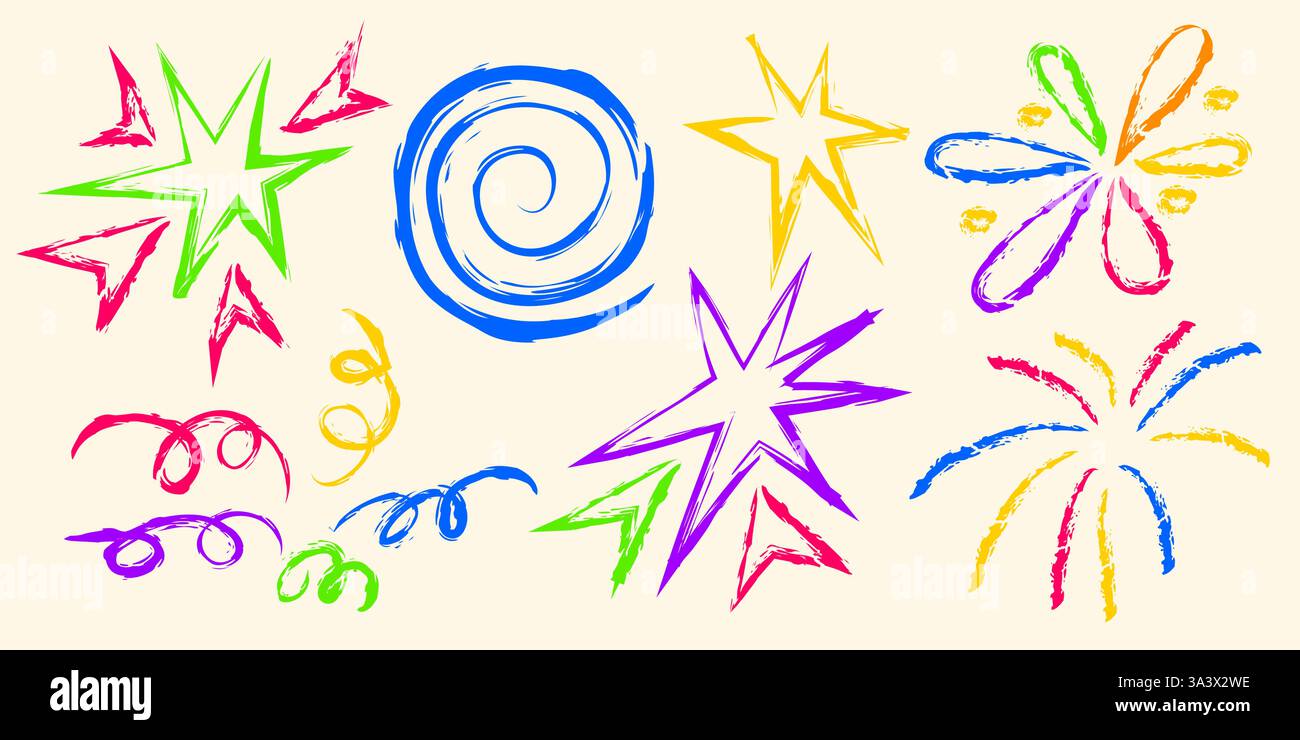 Buntstift Doodle Feuerwerk Set - bunt handgezeichnete Sterne, Spiralen, Explosionen. Kindliche Weihnachtsformen in leuchtenden Farben. Verspielte Vektor-Illustration für Feier oder Party Dekor. Stock Vektor