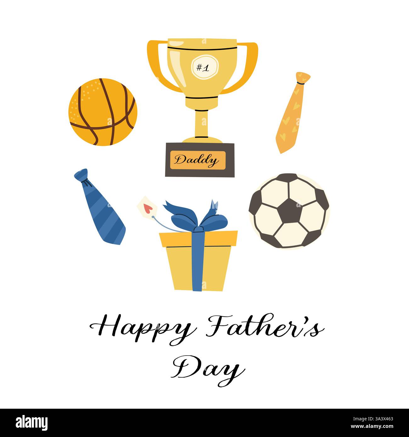 Feier zum Vatertag mit Geschenken, Trophäen und Sportmotiven. Stock Vektor