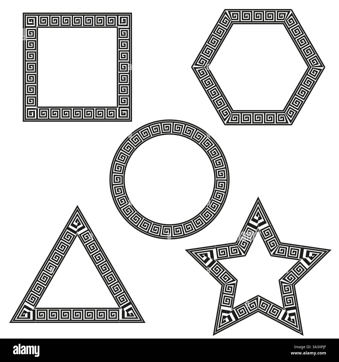 Rahmen mit griechischem Muster. Dekorative geometrische Formen. Alte Zierborten. Schwarze Vektorelemente. Stock Vektor