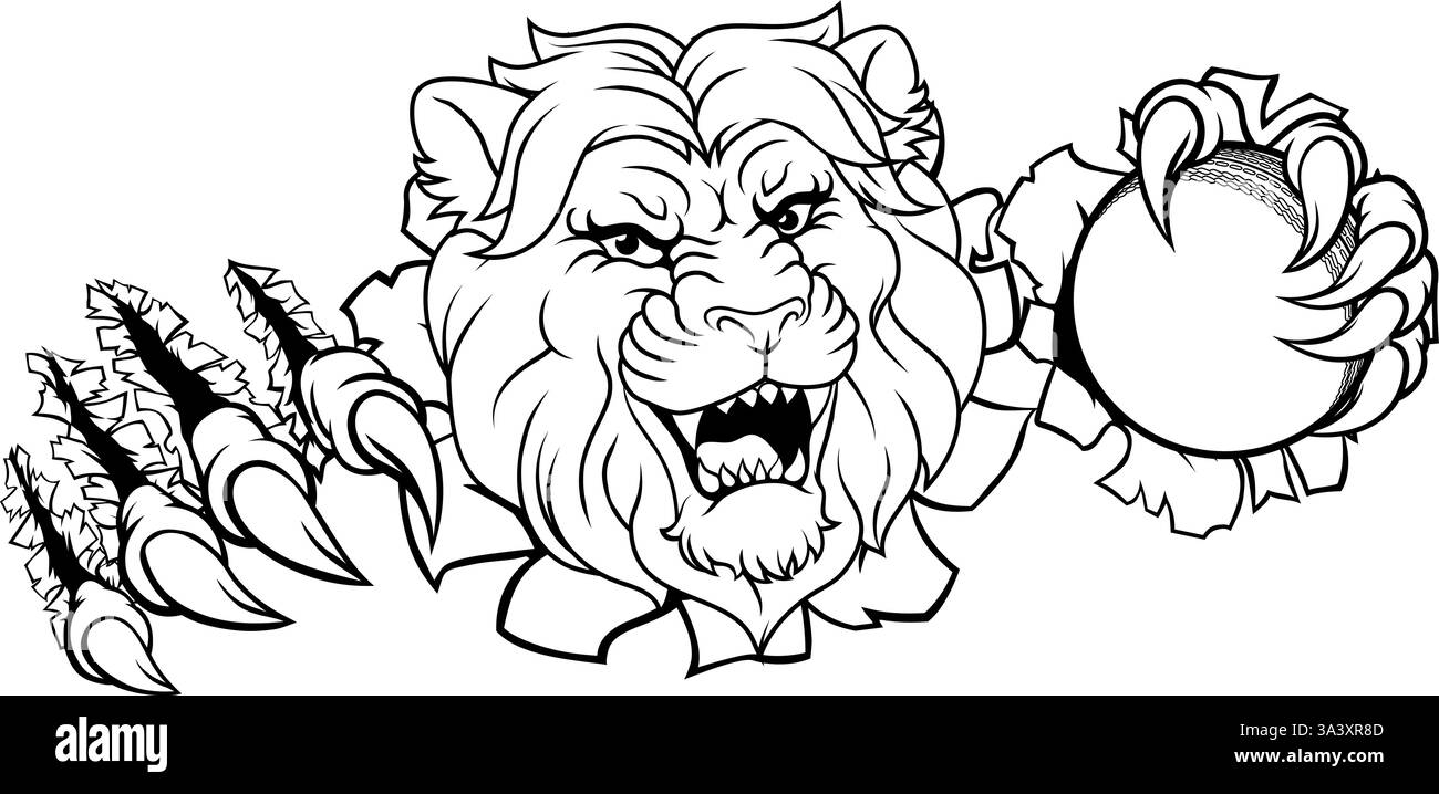 Löwen-Cricket-Ball-Tiersport-Maskottchen Stock Vektor