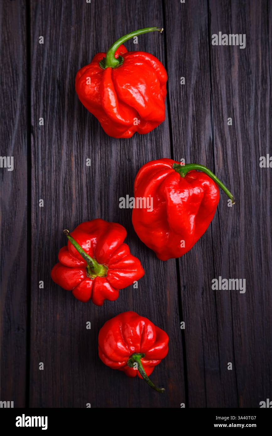 Blick von oben auf gereifte rote Habanero-Paprika (Paprika chinense) auf rustikalem Holztisch. Sehr heiße mexikanische Paprika aus der Nähe Stockfoto
