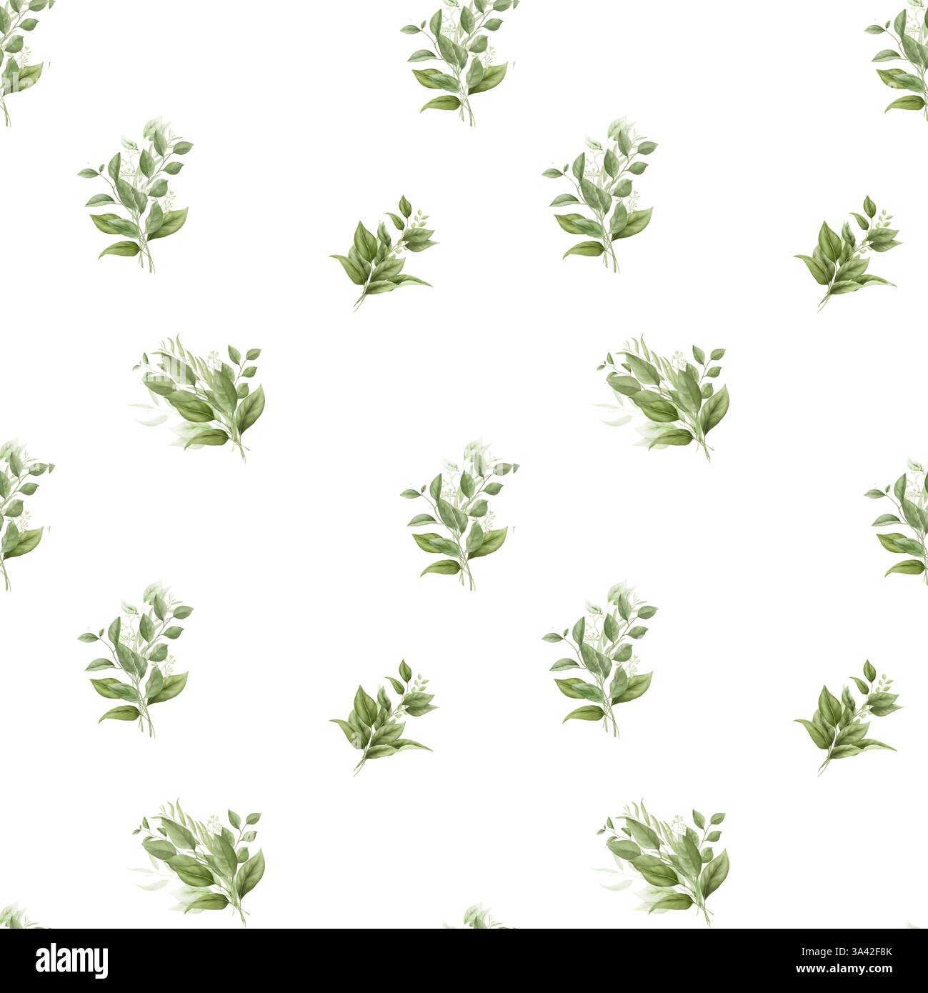 Grüne Zweige mit anmutigen Blättern in einem Blumenstrauß, nahtloses Muster. Digitale Aquarellabbildung. Eukalyptusweidenzweige auf weißem Hintergrund. Bo Stockfoto